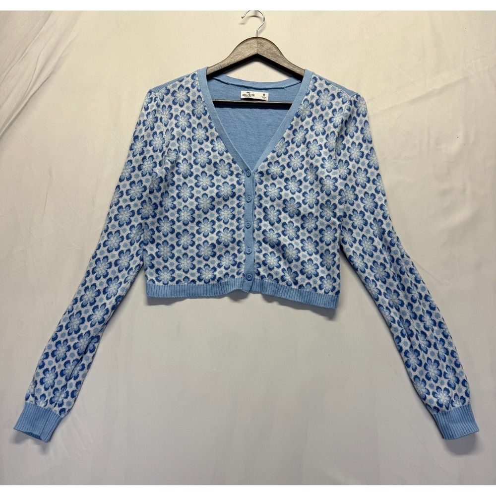 Hollister Crop Cardigan Sweater Womens Medium Blue Floral Knitted Button Front